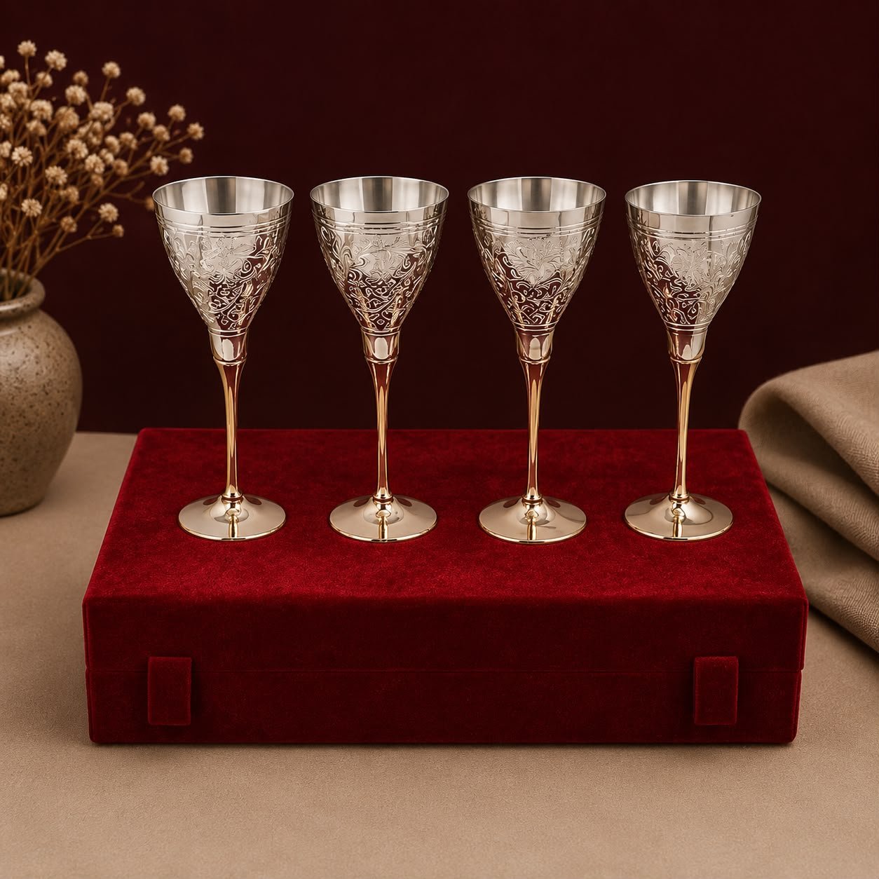 Handcrafted Brass Wine Goblet & Champagne Flute Set